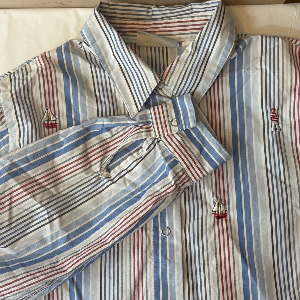 Alfred Dunner Women 12P Nautical Sailboat Striped Roll Tab Sleeve Shirt Blue